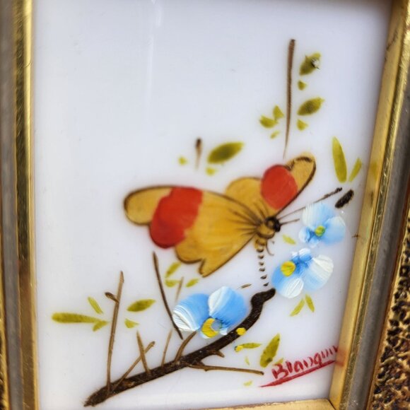 Verilyn Gallery Spain Signed Art Hand Painted Butterfly Flowers Gold Frame 3x4 - Picture 4 of 13